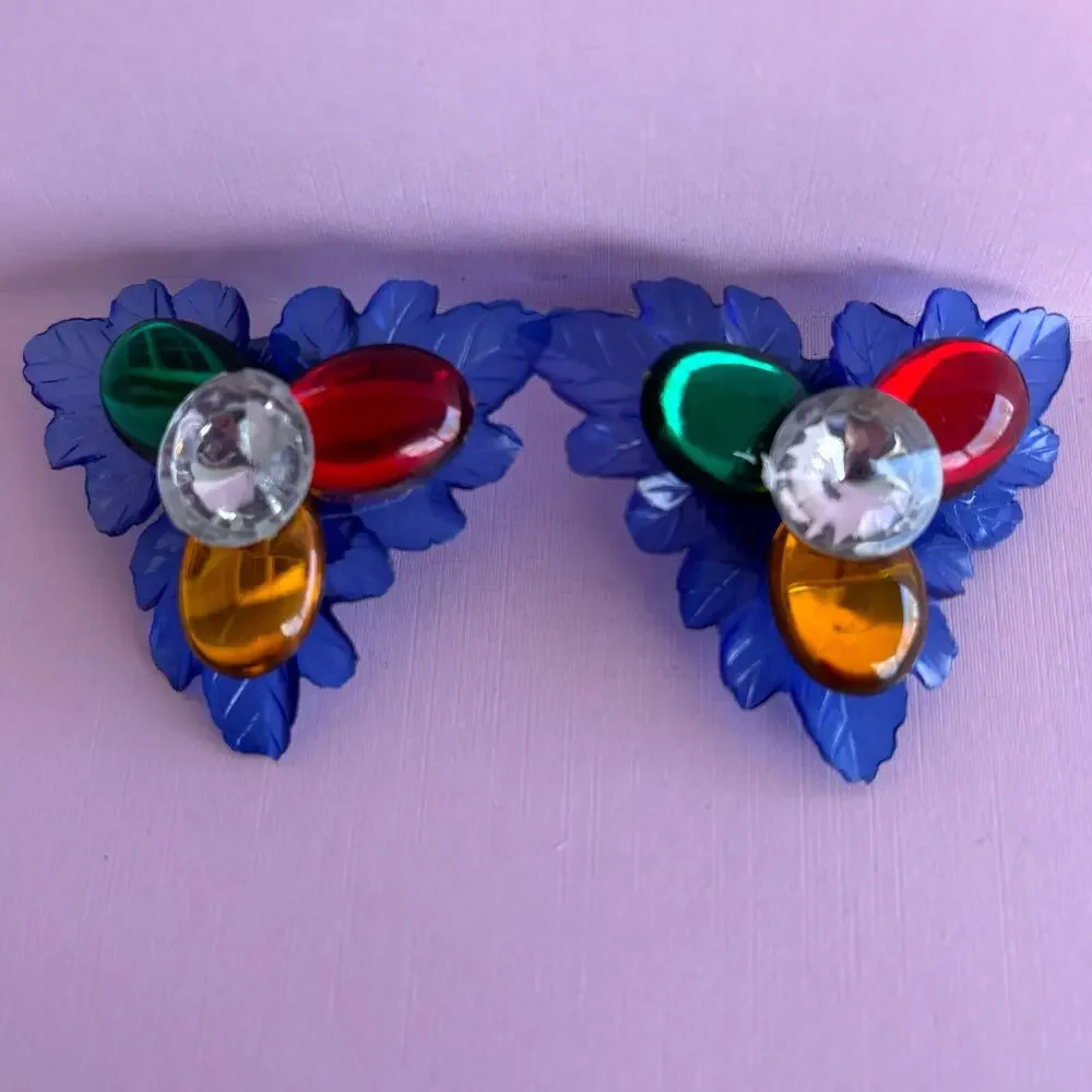Vintage 1980 Retro Blue Red Orange Jeweled Acrylic Floral Clip On  Earrings